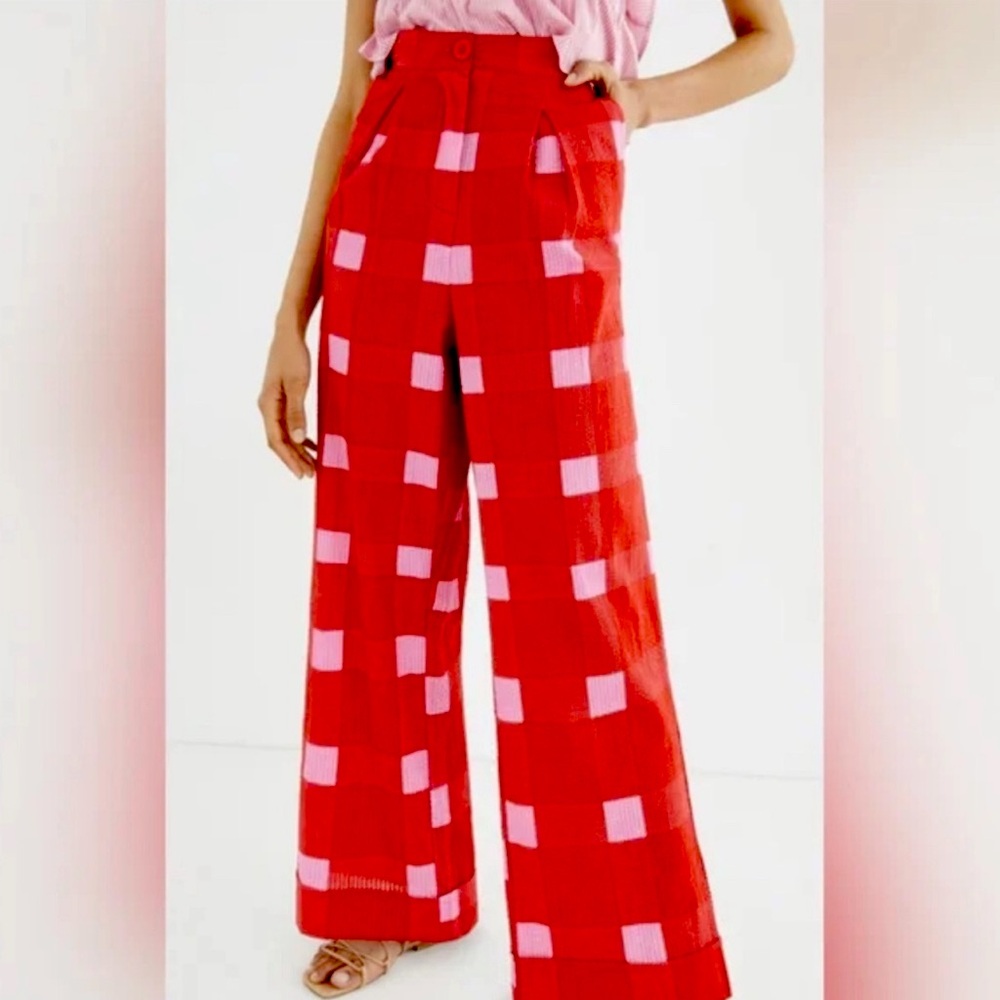 Anthropologie Red and Pink Checkered Pants